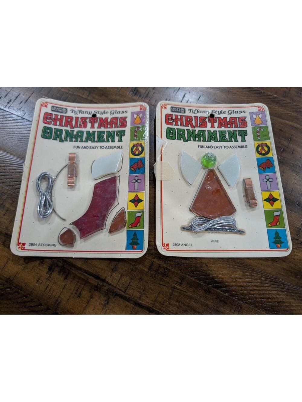 2 Vtg Xmas Craft House Tiffany Style Stain Glass Ornament Kits Stocking Angel